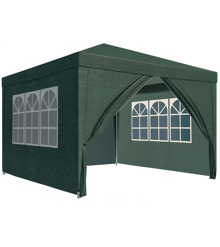 Cort pavilion de gradina, 300x300 cm, cu 4 pereti laterali cu ferestre, impermeabil cu rezistenta UV, verde