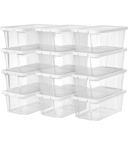 SONGMICS Set 12 cutii de depozitare pantofi, stivuibile, cu capac din plastic, pentru pantofi pana la marimea 41