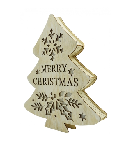 Decoratiune luminoasa, model de Brad cu inscriptie Marry Christmas, alb, lungime: 19 cm, latime: 3 cm, inaltime: 22 cm, lemn, interior/exterior
