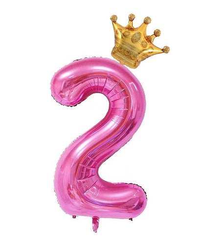 Balon din Folie Metalizata Flippy, Figurina Cifra si Coroana, Tema Aniversare 100 cm, Ambalaj Individual, Pai inclus, Umflare cu Aer sau Heliu, Roz, Cifra 2