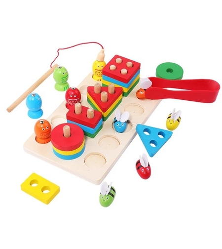 Jucarie Montesorii de Sortat si Pescuit, Flippy, din Lemn, +3 Ani, cu Magnet, Model Forme Geometrice, Pestisori si Albinute, 22.5 x 13 x 5.3 cm, Multicolor