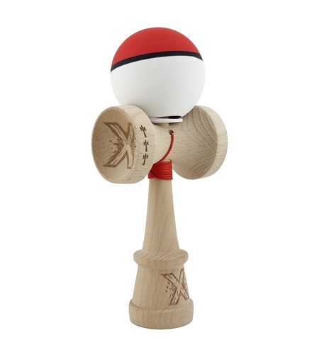 Kendama X Originala, Profesionala, Flippy, Cupe Mari KING SIZE V3, Rubber Grip, Gaura in Baza, Rulment Metalic, din lemn 18 cm, Ata 62/65 cm, S Bicolor Rosu/Alb