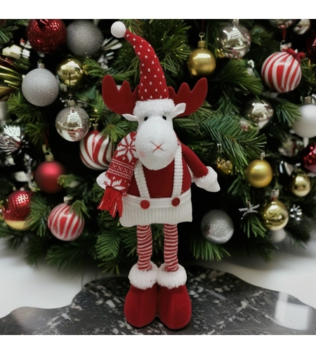 Figurina Decorativa, Pentru Craciun, Flippy, Ren, Picioare Telescopice, Inaltime Reglabila 44-54cm, Caciula cu Inimioare, Alb/Rosu