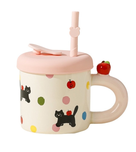 Cana din Ceramica cu Capac si Pai, Flippy, Capacul si Paiul din Silicon Roz, 9x8.5 cm, Model Cute B, Capacitate 380ml