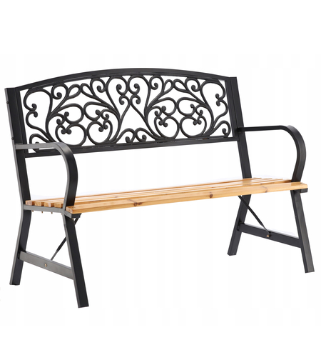 Banca de gradina din lemn si cadru otel, cu spatar decorativ, 120x56x87 cm, negru si maro natur