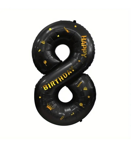 Balon din Folie Metalizata Flippy, Figurina Cifra, Scris Happy Birthday, Tema Aniversare 100 cm, Ambalaj Individual, Pai inclus, Umflare cu Aer sau Heliu, Negru, Cifra 8