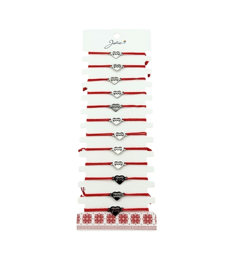 Bratara Martisor pentru Dama, Jolie, Model Inima cu Text Mama, Set 12 bucati, Pandativ Argintiu din Inox cu Snur Rosu Ajustabil