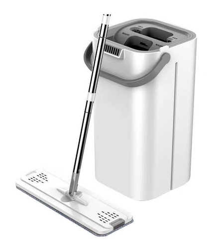 Set de curatenie Flippy, mop si galeata, galeata 5.7 l, 4 rezerve microfibra incluse, design modern, pentru interior, material plastic, peri sintetici, plat, cu storcere, alb