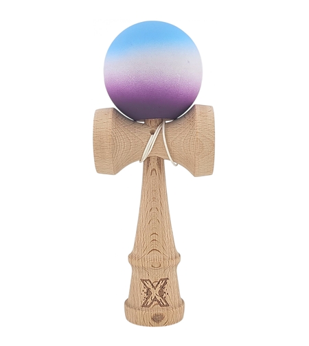 Kendama X Originala, Profesionala, Flippy, din Lemn, Rubber Grip, 18 cm, Albastru/Alb/Violet