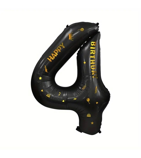 Balon din Folie Metalizata Flippy, Figurina Cifra, Scris Happy Birthday, Tema Aniversare 100 cm, Ambalaj Individual, Pai inclus, Umflare cu Aer sau Heliu, Negru, Cifra 4