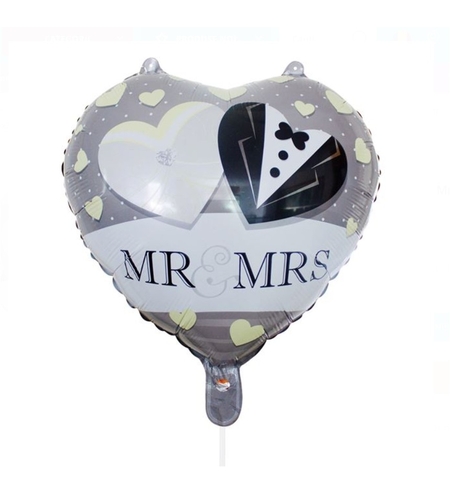 Balon din Folie Metalizata, Flippy, Figurina Inima, Model Mr&Mrs, Tema Nunta, 45 cm, Ambalaj Individual, Pai Inclus, Umflare cu Aer sau Heliu, Gri