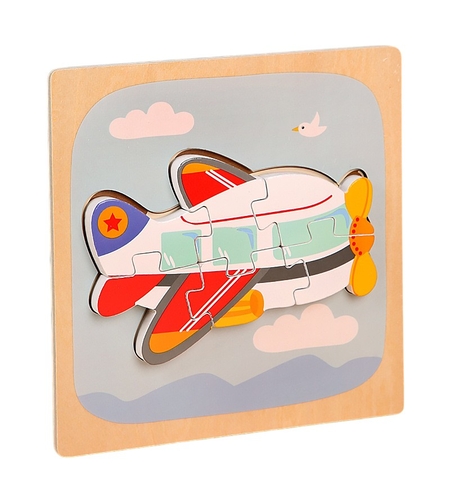 Puzzle Montessori din Lemn pentru Copii, Flippy, 3D, 0-3 Ani, Model Avion, Educativ, Intuitiv, Creativ, 6 Piese, 15x15x0.5 cm, Multicolor