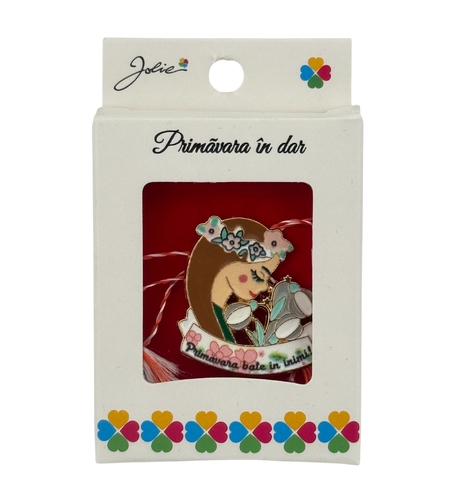 Martisor Brosa Mica in Cutie, Jolie, Design cu Mesaj, Material Metal, Dimensiune 2.5-3 cm, Model Traditional Fata cu Flori