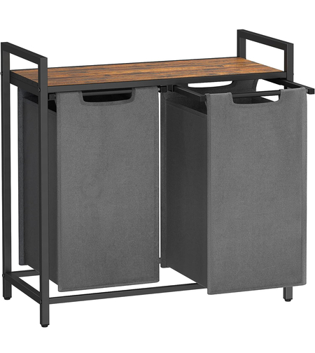 VASAGLE Cos de rufe, 2 compartimente, saci de rufe detasabili, raft, cadru metalic, 2x46L, 73x33x72 cm, maro rustic si gri