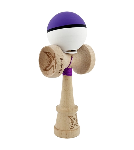 Kendama X Originala, Profesionala, Flippy, Cupe Mari KING SIZE V3, Rubber Grip, Gaura in Baza, Rulment Metalic, din lemn 18 cm, Ata 62/65 cm, S Bicolor Violet/Alb
