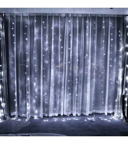 Instalatie Craciun, Tip Perdea, IP44, 3 m x 3 m, 240 LED-uri, Alb rece, cu 8 jocuri de lumini, 31 V, 9W, Interconectabila, Prelungitor 3 m inclus, Fir transparent, Interior/ Exterior, Vafy