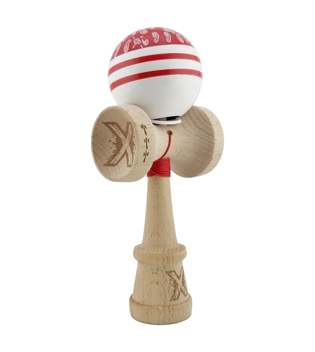 Kendama X Originala CHICANOS, Profesionala, Flippy, Cupe Mari KING SIZE V3, Super Sticky, Gaura in Baza, Rulment Metalic, din lemn 18 cm, Ata 62/65 cm, Rosu/Alb
