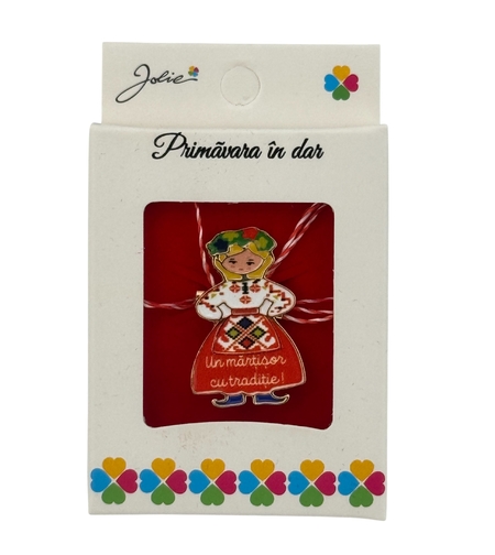Martisor Brosa Mica in Cutie, Jolie, Design cu Mesaj, Dimensiune 2.5-3 cm, Material Metal, Model Fata Traditional