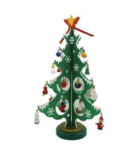 Decoratiune Craciun, Brad, Verde/Alb, 8 cavitati cu ornamente, 18.5 cm x 33 cm, Lemn, Flippy