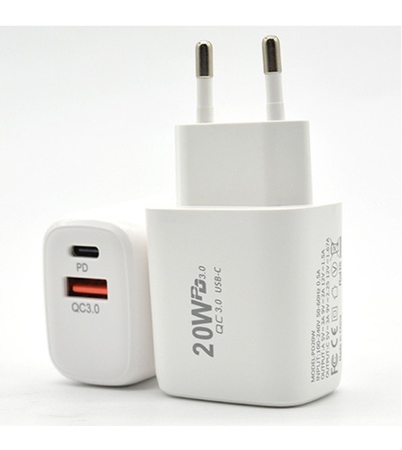 Incarcator Fast Charging pentru Telefon, Flippy, Dual Port USB-A si USB-C cu Cap de Incarcare Standard European, Power Delivery 20W Q.C 3.0, Alb