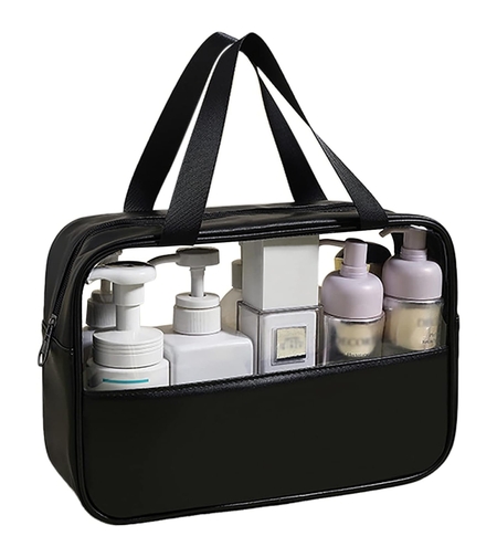Geanta cosmetice Flippy, pentru voiaj sau organizare, material PVC/textil, impermeabila, portabila, 30X21X12 cm, negru