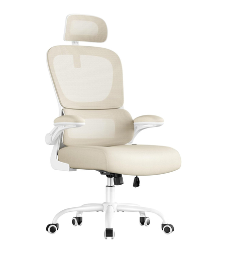 SONGMICS Scaun de birou ergonomic mesh, suport lombar dinamic, tetiera reglabila, brate rabatabile, 70x70x135 cm, bej