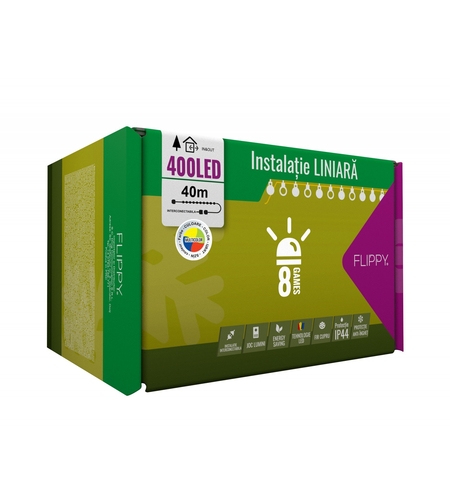 Instalatie Craciun, 40 m, 400 Led-uri ,Liniara, Multicolor, 8 jocuri de lumini, Transformator cu telecomanda, Interconectabila, Prelungitor 5 m inclus, Fir Verde, Vafy