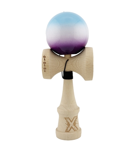 Kendama X Originala, Profesionala, Flippy, Big Cups V2, Super Sticky cu Cupe Mari, din lemn 18 cm, Rulment Metalic cu Ata 55 cm, Albastru/Alb/Mov