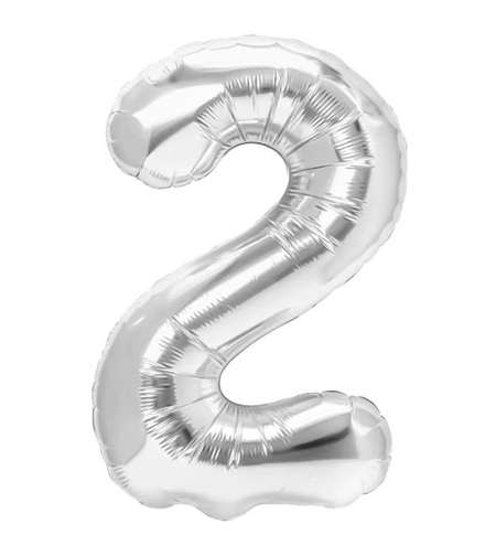 Balon din Folie Metalizata, Flippy, Figurina Cifra, Tema Aniversare 40 cm, Ambalaj Individual, Pai inclus, Umflare cu Aer sau Heliu, Argintiu, Cifra 2