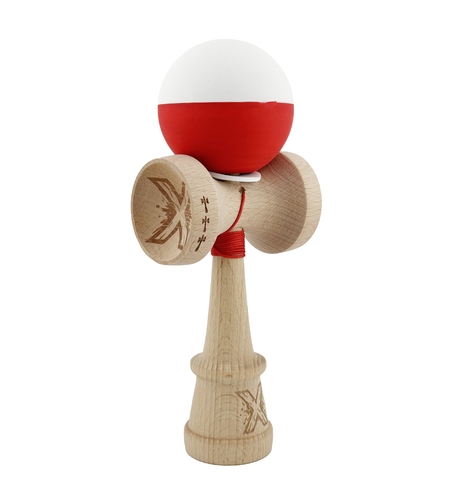 Kendama X Originala, Profesionala, Flippy, Rubber Grip, Cupe Mari KING SIZE V3, Gaura in Baza, Rulment Metalic, din lemn 18 cm, Ata 62/65 cm, Bicolor Alb/Rosu