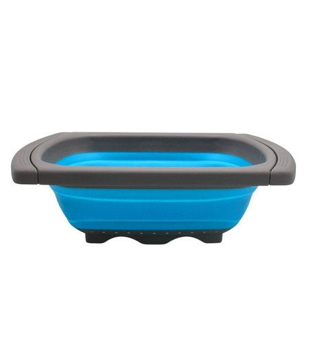 Cos de Scurgere Retractabil pentru Chiuveta, Flippy, cu Filtru, pentru Fructe si Legume, de Uz Casnic, 39x12 cm, Design Extensibil pana la 61 cm, cu Manere de Prindere, Albastru