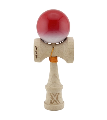 Kendama X Originala, Profesionala, Flippy, Big Cups V2, Super Sticky cu Cupe Mari, din lemn 18 cm, Rulment Metalic cu Ata 55 cm, Gradient Rosu/Alb