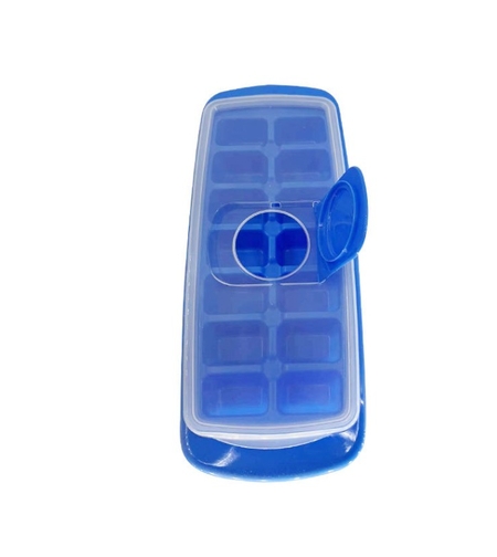 Forma pentru cuburi de gheata Flippy, 14 cuburi, reutilizabil, plastic alimentar, cu capac, orificiu umplere, dreptunghiulara, 29.5 x 12.5 x4 cm, albastru