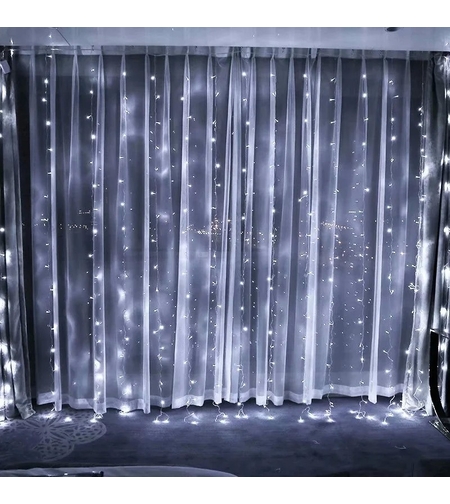 Instalatie Craciun, Tip Perdea, IP44, 6 m x 3 m, 480 LED-uri, Alb rece, cu 8 jocuri de lumini, 31 V, 9W, Interconectabila, Prelungitor 3 m inclus, Fir transparent, Interior/ Exterior, Vafy