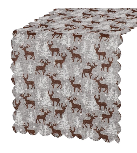 Fata de masa pentru decor, cu motive de Craciun, din stofa, 35x186cm, gri