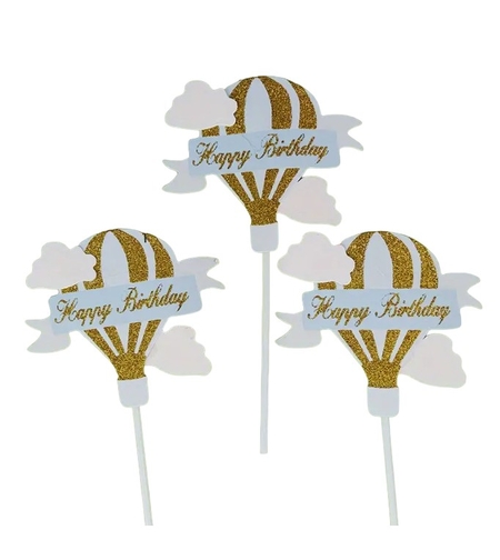 Set 3 Toppere pentru Tort, Flippy, Model Balon cu Aer Cald Happy Birthday, Tematica Aniversare, Albastru