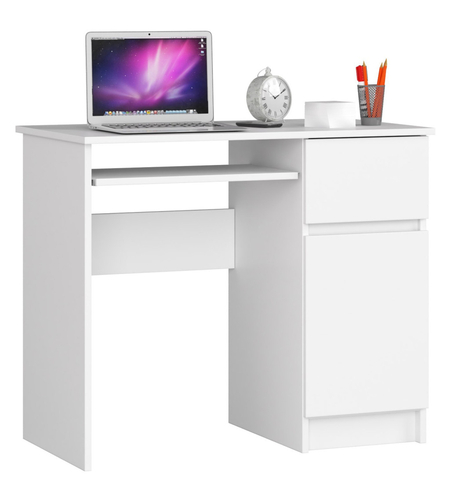 Birou computer PIKSEL, cu sertar, dulap si raft pentru tastatura, dreapta, 90x50x77 cm, alb