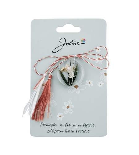 Martisor Traditional din Acril, Jolie, Model Rotund Floare Alba, cu Snur Impletit Alb/Rosu, Pandantiv 2 cm