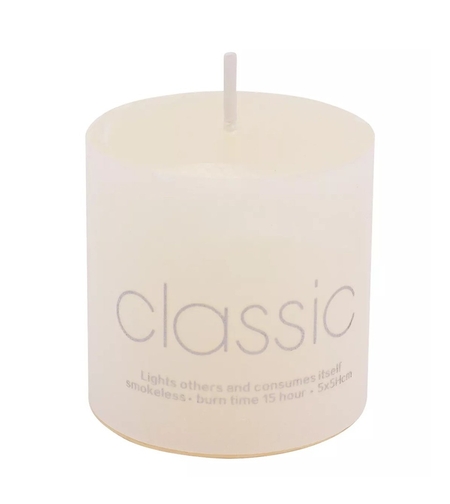 Lumanare Decorativa, Flippy, din Parafina, Cilindrica, Fara Fum si Fara Parfum, 5 x 5 cm, 90 g, Ardere 12h, Ivory Alb