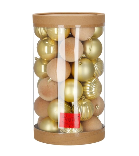 Set globuri decorative, 36 bucati, plastic, 6.5 cm, auriu si ecru
