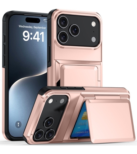Husa de Protectie compatibila Apple iPhone 17 Pro Max, Vafy, Compartiment pentru Carduri, Anti-alunecare, Protectie PC, Rezistenta la Zgirieturi, Rose Gold