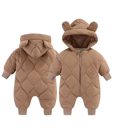 Combinezon de Iarna, Flippy, pentru Bebelusi, din Bumbac, cu Urechi, Mansete Elastice, Unisex, 66 cm, Maro