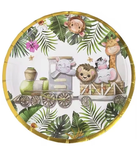 Farfurii Cartonate pentru Petreceri, Flippy, Farfurii Cartonate de unica Folosinta pentru Zile de Nastere, Model Safari cu Animale, set 10 buc, Diametru 18 cm, Multicolor