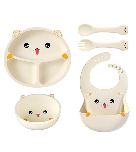 Set 5 Piese Hranire Bebelusi si Copii, Flippy, din Silicon, fara BPA, de la 12 Luni, Model Pisicuta, 28 x 26 x 2 cm, Bej