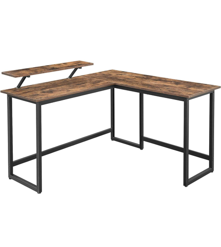 VASAGLE Birou in forma de L cu suport pentru monitor, cadru metalic, 140x130x76cm, maro rustic