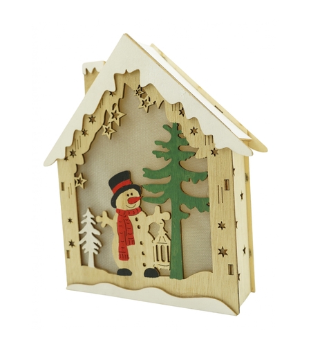Decoratiune luminoasa, model de Casa cu Om de zapada, maro, lungime: 18 cm, latime: 5 cm, inaltime: 21 cm, lemn, interior/exterior