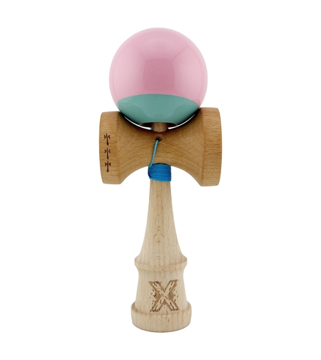Kendama X Originala, Profesionala, Flippy, Big Cups V2, Super Sticky cu Cupe Mari, Rulment Metalic, din lemn 18 cm, Ata 55 cm, Roz/Verde
