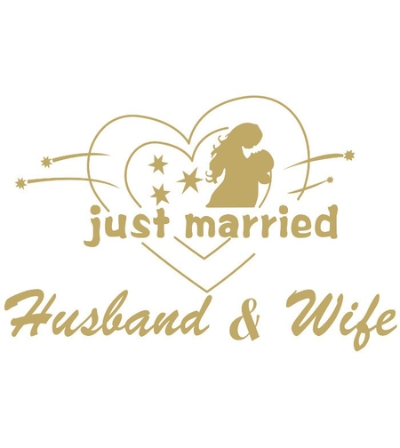 Sticker Autocolant, Flippy, Tematica Nunta, Model Indragostiti, cu Scris Just Married Husband&Wife, 21x29 cm, Auriu