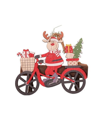 Decoratiune de Craciun din Lemn, Flippy, cu Snur pentru Agatare in Brad, Model Ren pe Bicicleta, 10.3x11.5x0.5 cm, Multicolor