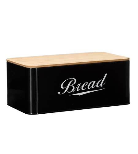 Cutie pentru paine din metal cu capac din bambus, finisaj lucios, 33x18x14 cm, negru